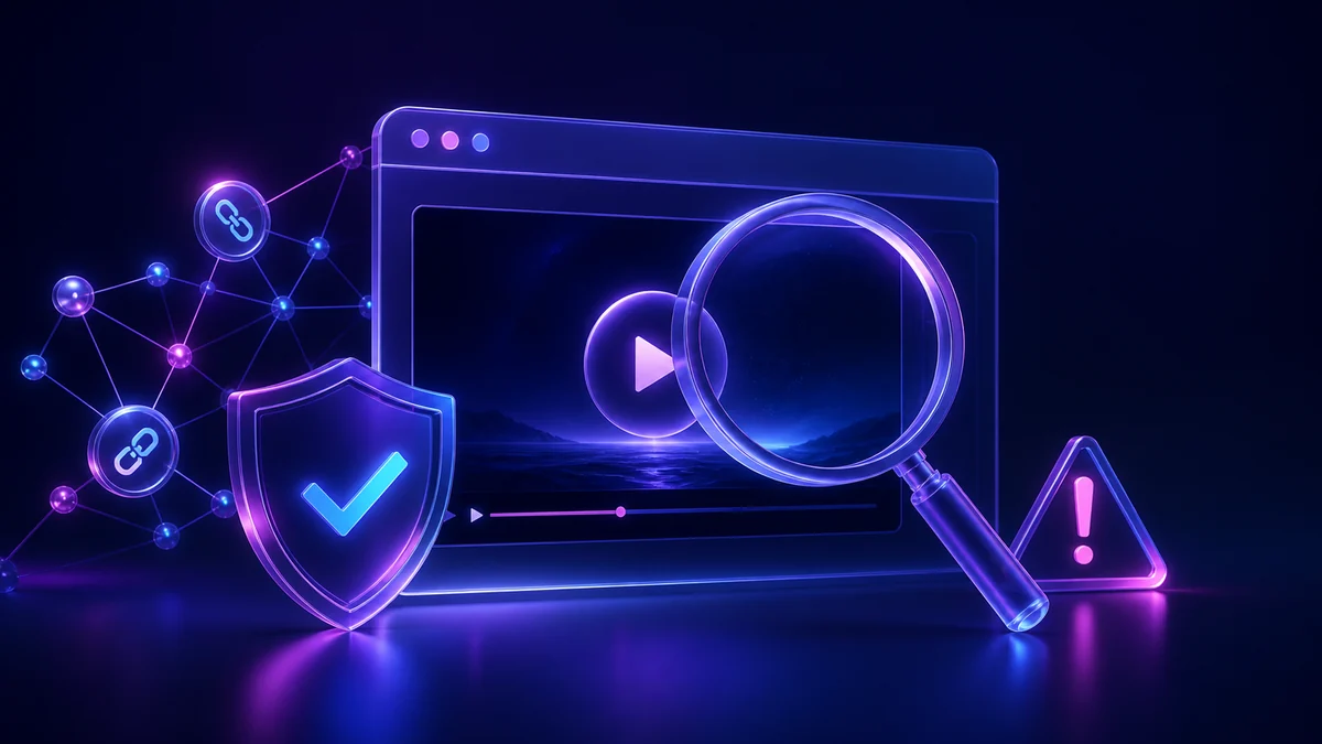 A video page being inspected through a magnifying glass beside a security shield.