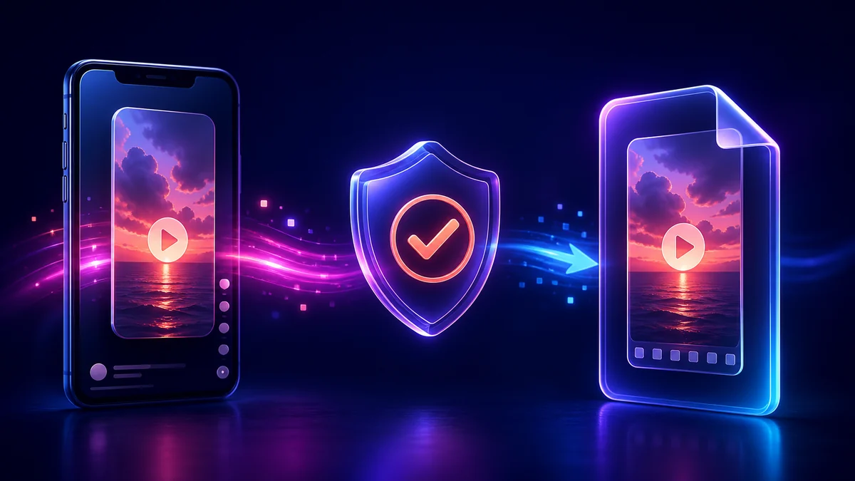 A permitted vertical video moving from a phone through a rights check into a saved file.