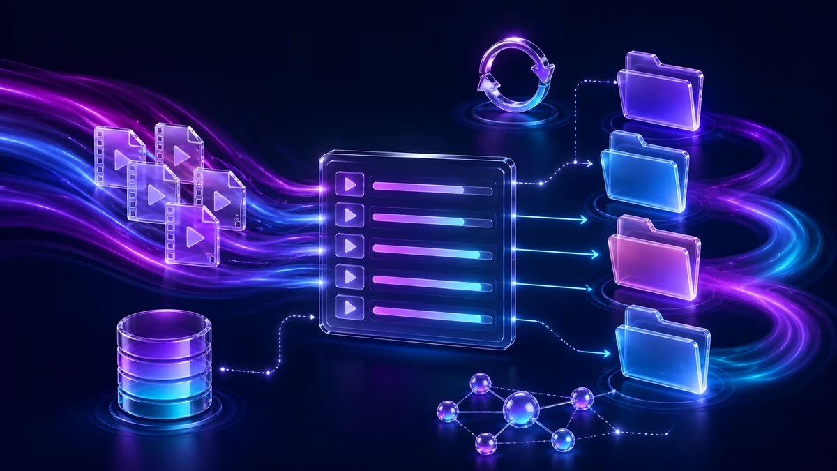 Multiple video files moving through an organized queue into separate folders.