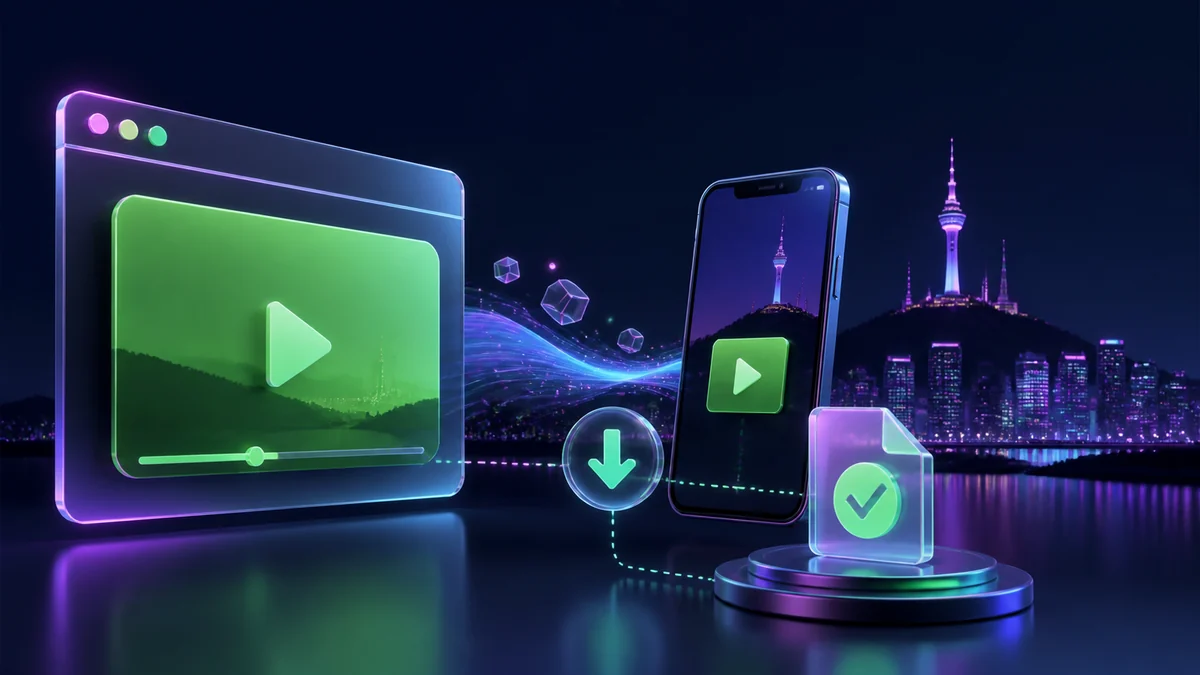 A green video player transferring an eligible file to a phone against a night skyline.