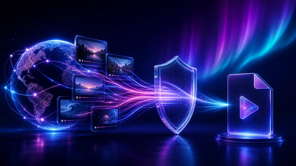 Video windows from around the globe passing through a privacy shield into one media file.