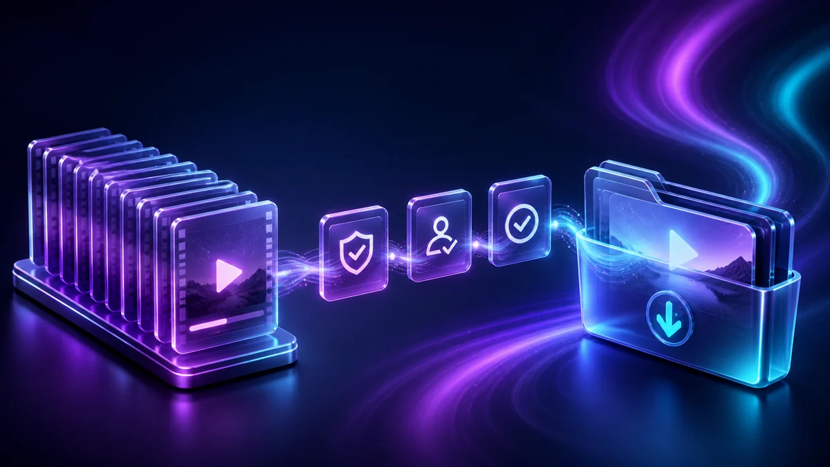 An ordered stack of video cards passing permission checks into an organized folder.