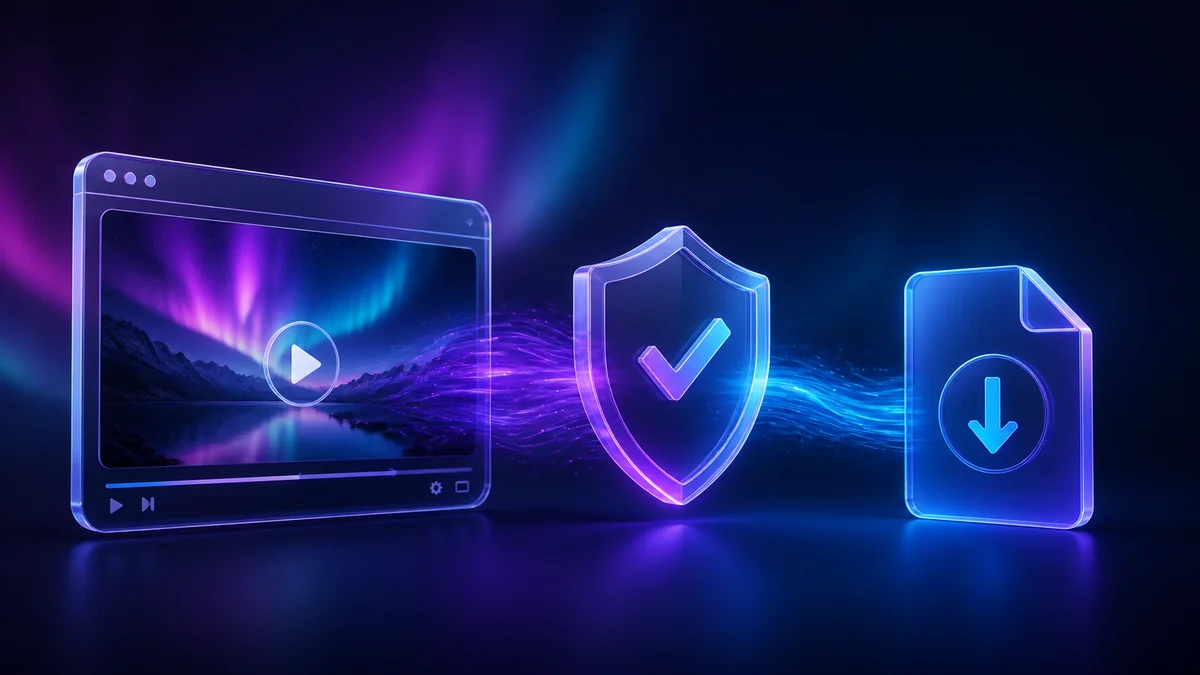 A public video passing through a permission shield into a clean download file.