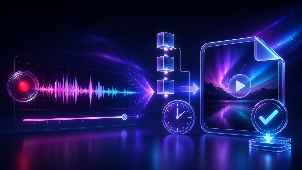 A live waveform and processing timeline becoming a verified replay video file.