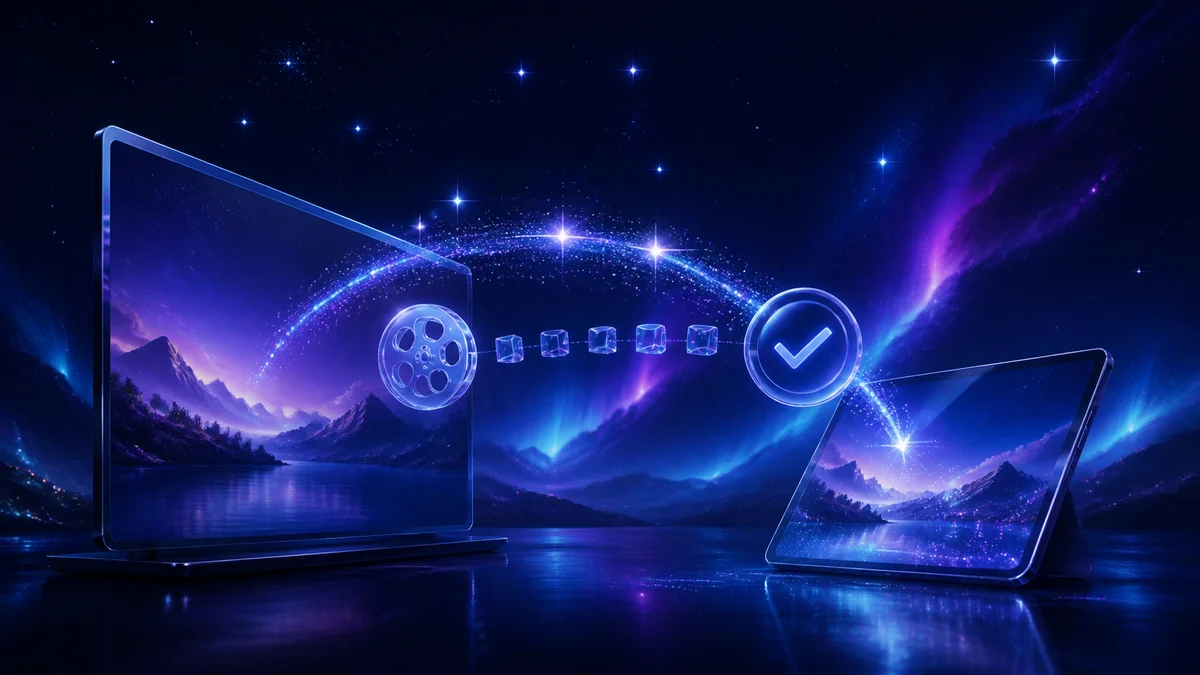 A starry movie screen transferring an approved film to a tablet for offline viewing.