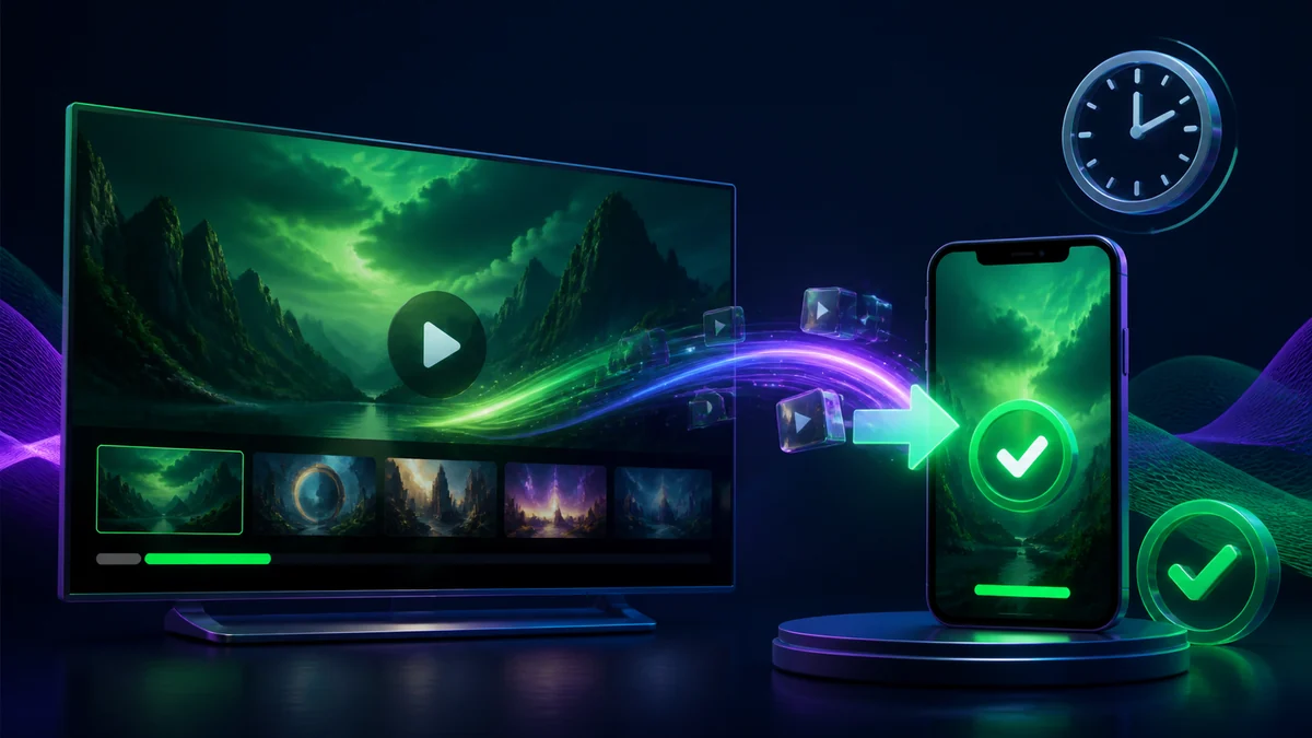 A green cinematic screen transferring an approved episode to a phone with an offline check.