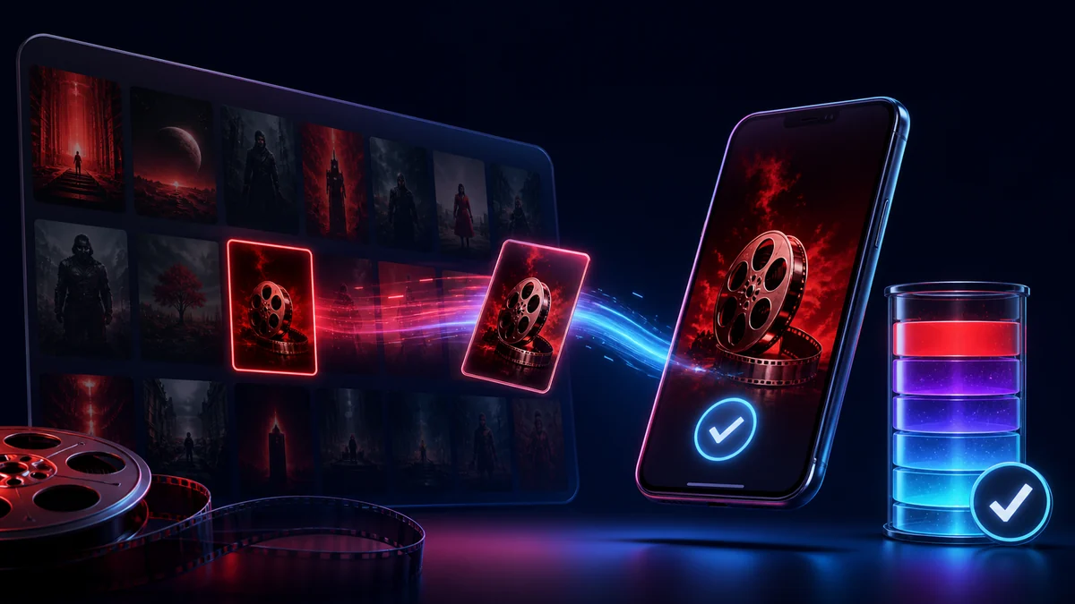 A red cinematic catalog transferring an approved film to a phone with a storage meter.